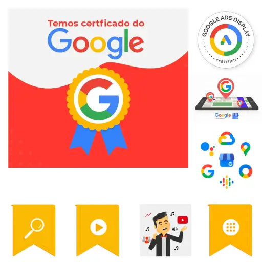 Imagem destacando as certificações Google da agência Netilo, incluindo Google Ads Display e outros selos de qualificação, comprovando a expertise em serviços de marketing digital.