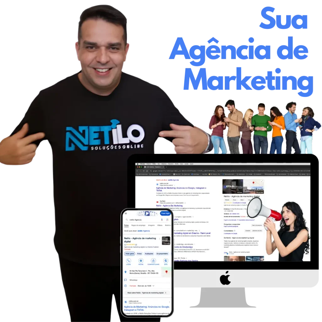 Imagem promocional da Netilo, uma agência de marketing. À esquerda, um homem sorridente, usando uma camisa preta com o logotipo da Netilo, aponta para o nome da agência. À direita, a frase 'Sua Agência de Marketing' em branco. Em segundo plano, um grupo de pessoas observa e interage com celulares. Na parte inferior, um monitor de computador exibe a página da Netilo nos resultados de busca, e ao lado, uma mulher com um megafone. Na frente do monitor, um smartphone mostra informações da agência na pesquisa do Google.