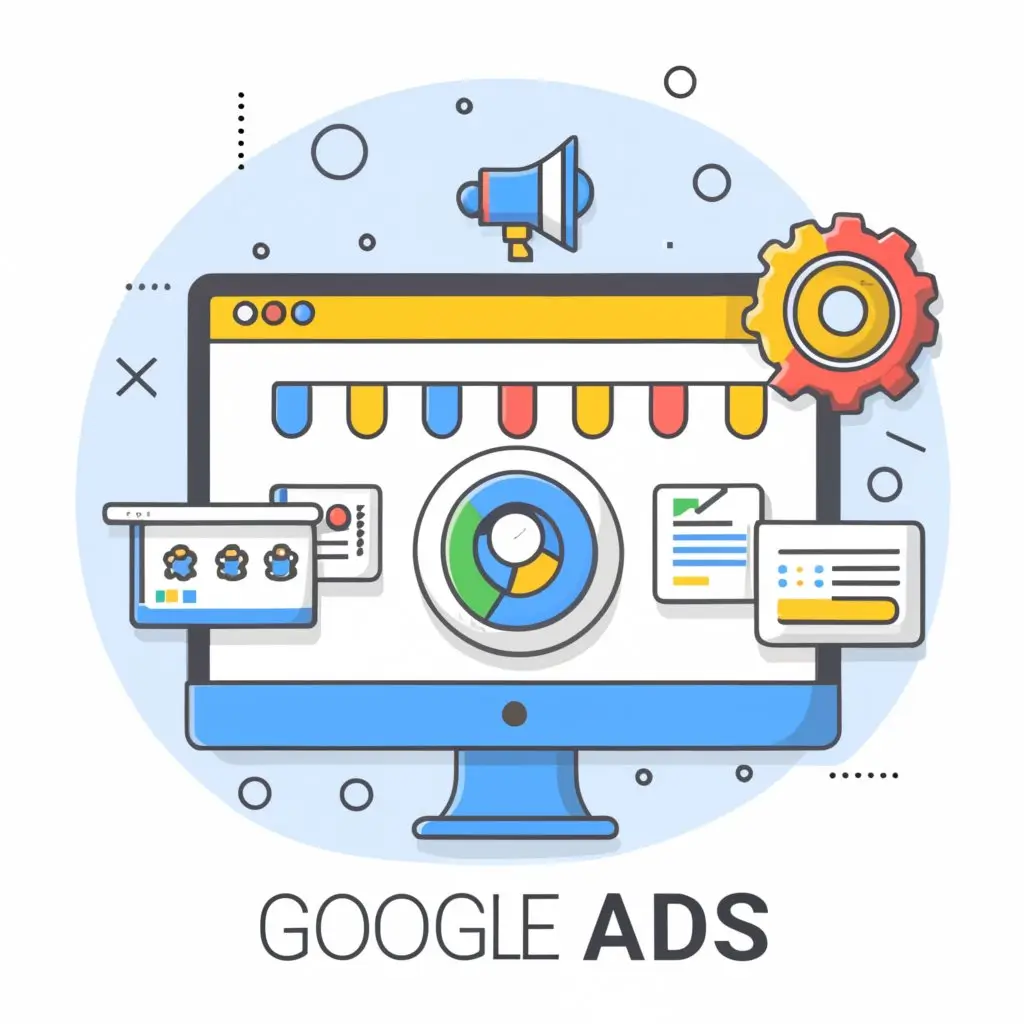 Imagem de um computador com a tela exibindo elementos relacionados a Google Ads, incluindo gráficos, ícones de anúncios e uma engrenagem, representando o conceito de tráfego pago. A imagem possui um fundo claro e um design moderno, com destaque para a palavra 'GOOGLE ADS' na parte inferior.