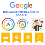 Imagem ilustrativa das certificações da agência Netilo em serviços do Google. No topo da imagem está o logotipo do Google, seguido da frase "NOSSAS CERTIFICAÇÕES DO GOOGLE". Abaixo, há ícones que representam diversas certificações, incluindo Google Ads, Google Ads Display Certified, e um ícone ilustrando uma pessoa celebrando conquistas relacionadas ao YouTube. Na parte inferior, há quatro ícones em bandeiras amarelas representando certificações relacionadas a pagamentos, campanhas de vídeo, aplicativos e pesquisas. A imagem destaca as conquistas da agência na utilização das ferramentas e serviços de publicidade do Google.